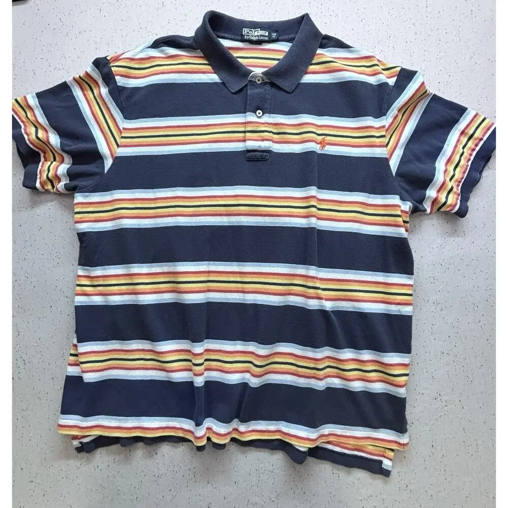 Vtg 90s Polo Ralph Lauren Mens 2XB Big Striped Mesh Polo Shirt Blue Orange